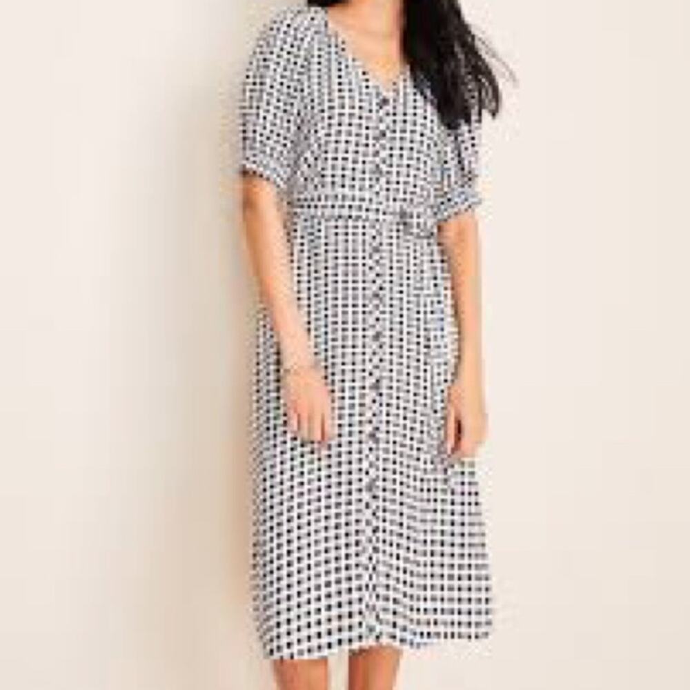 Ann Taylor Tie Shirt Dress Gingham Size 2 Black and‎ White